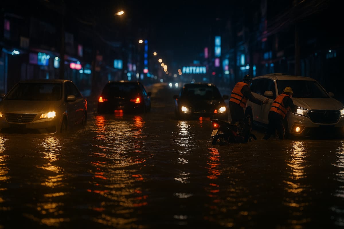 Сильный ливень в Паттайе: затоплены улицы, машины в воде