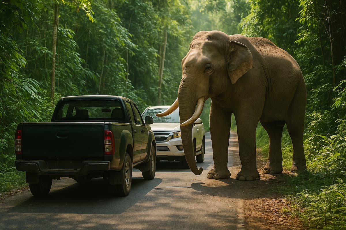 Слон атаковал авто туристов в лесу Ла-У, Хуа Хин